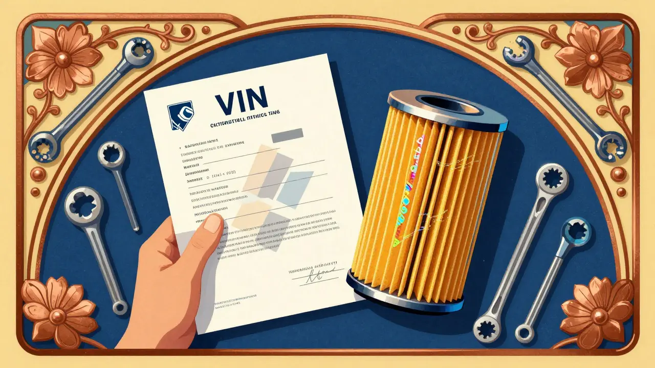 Meccanico verifica VIN e filtro originale in stile pubblicitario