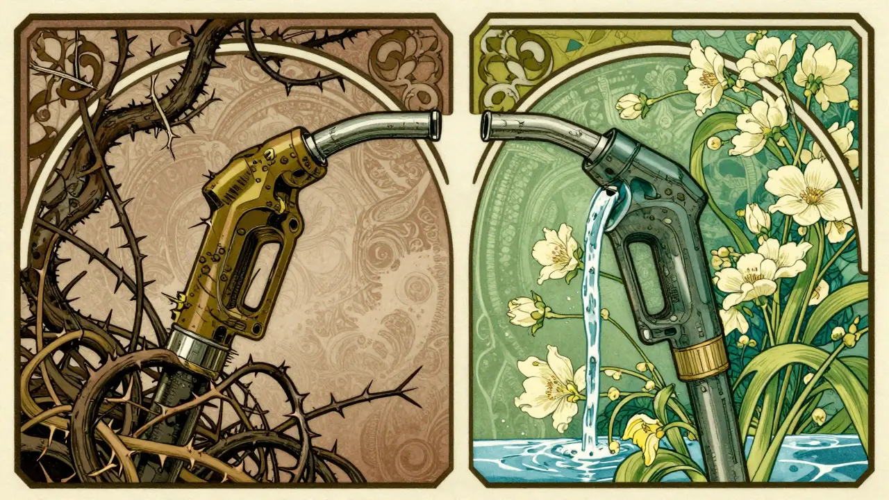 Metafora visiva Art Nouveau: iniettore intasato vs pulito con fiori