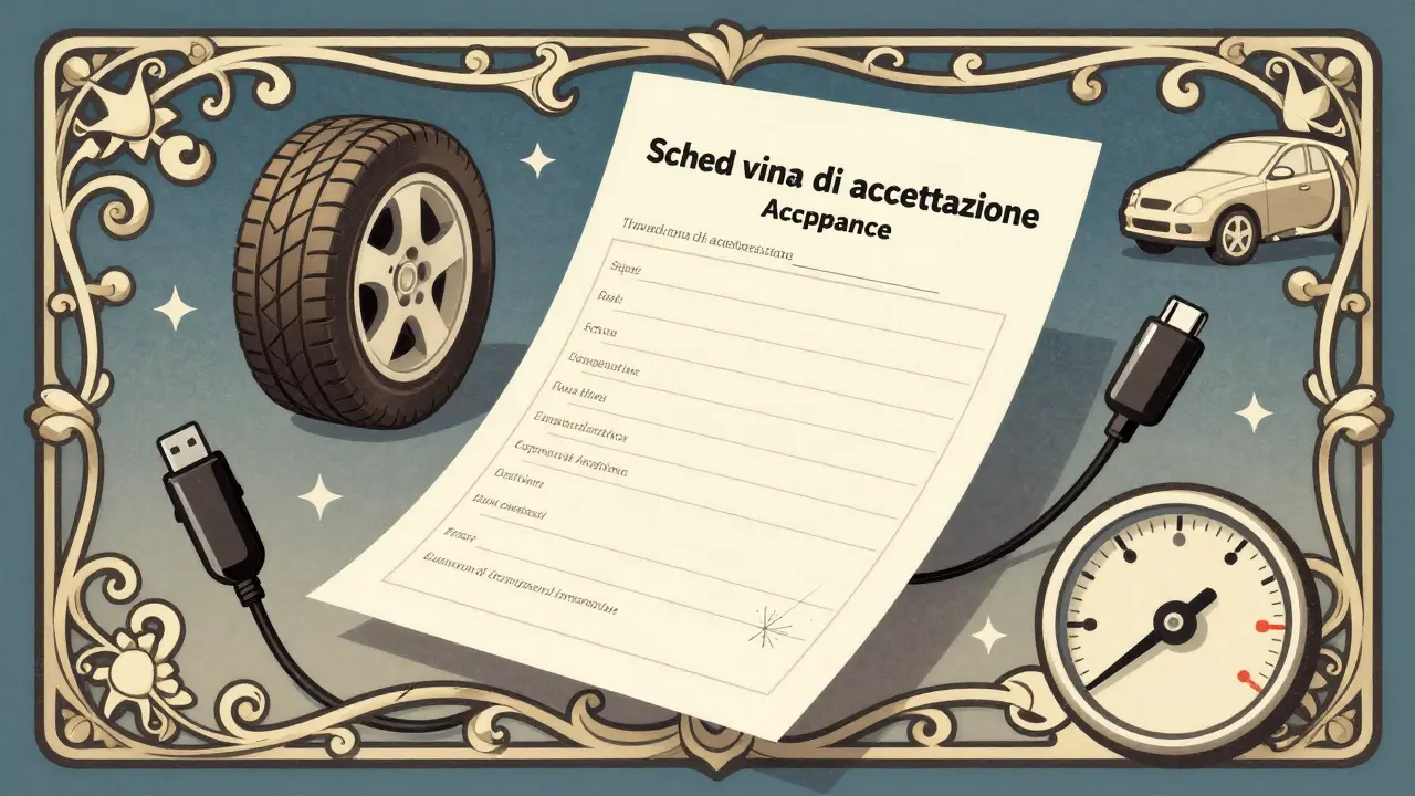 Modulo di accettazione vettura con dettagli grafici su danni e accessori