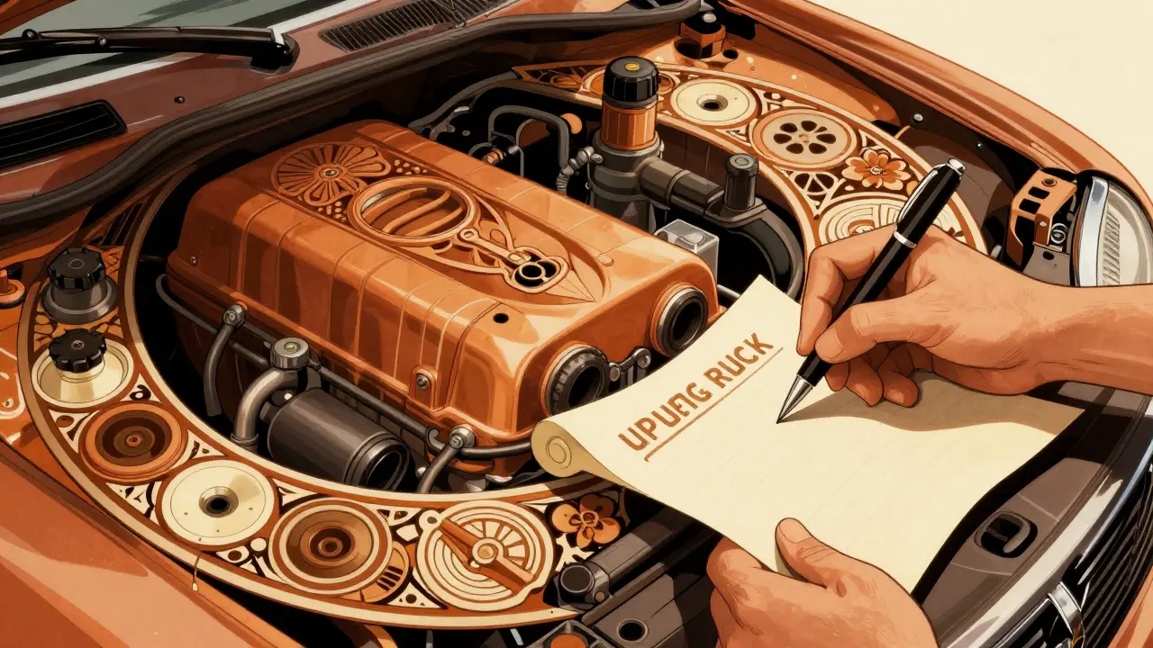Motore stilizzato con elementi decorativi e penna per registro