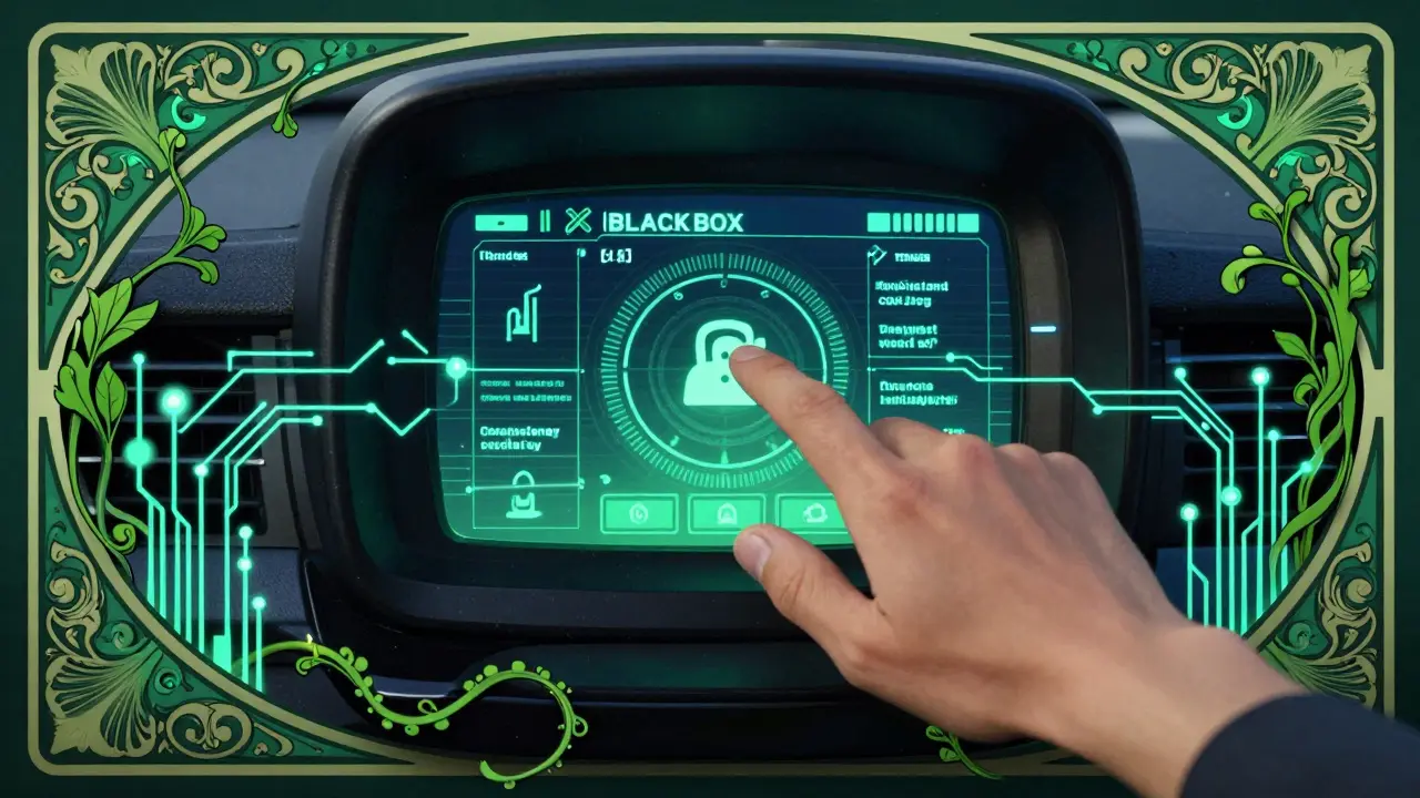 Scatola nera digitale dell'auto con dati fluttuanti in stile Art Nouveau