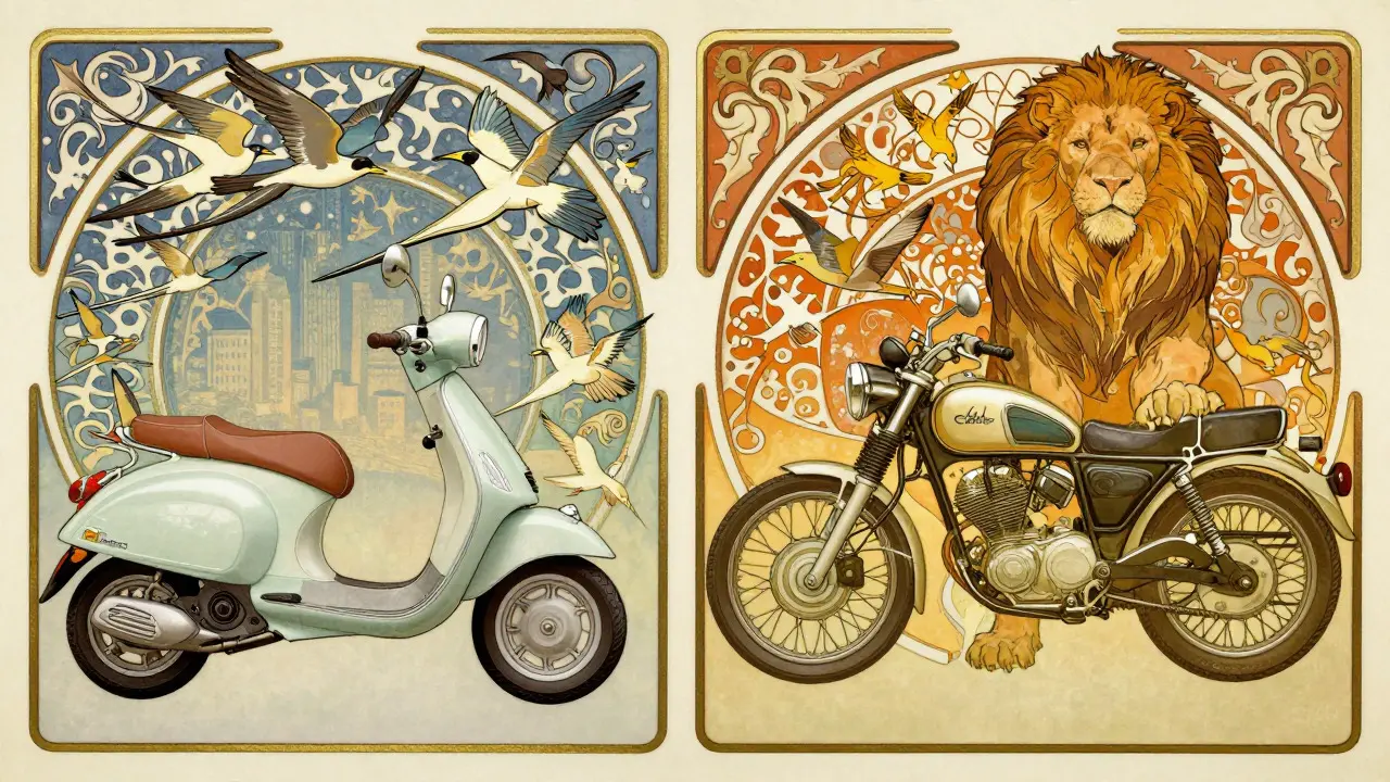 Scena comparativa in stile Art Nouveau. A sinistra, uno scooter agile con ruote piccole, circondato da uccelli simbolici per la facilità urbana. A destra, una motocicletta tradizionale più pesante, incorniciata da animali terrestri come un leone, simbolo di potenza ma minore agilità. Entrambi i veicoli sono disegnati con lusso e dettaglio. La composizione evidenzia il compromesso tra stabilità e maneggevolezza.