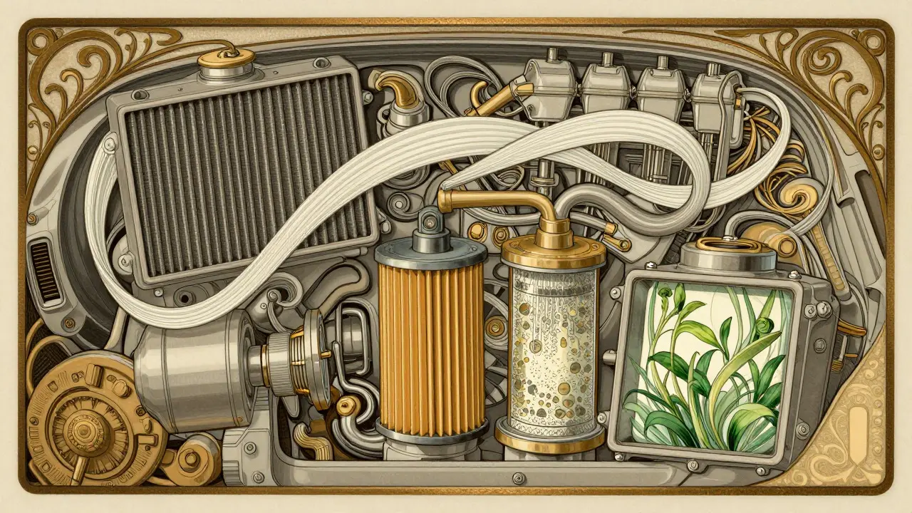 Sezione motore con filtri illustrati in stile decorativo Art Nouveau