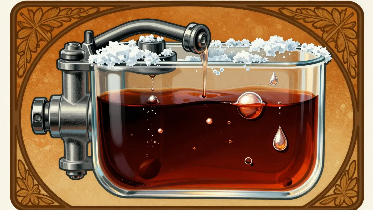 Sezione trasversale di liquido freni viscoso con bolle d'aria e ghiaccio