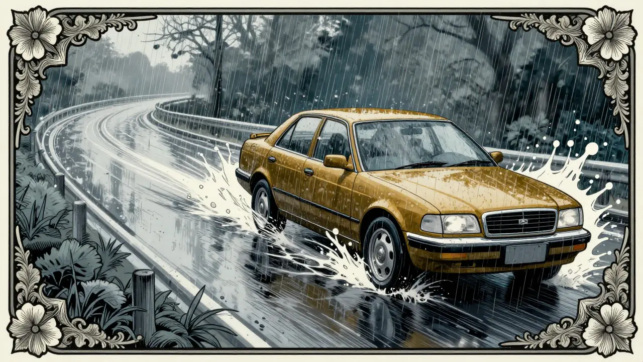 Auto che frena su strada bagnata mostrando rischio di aquaplaning