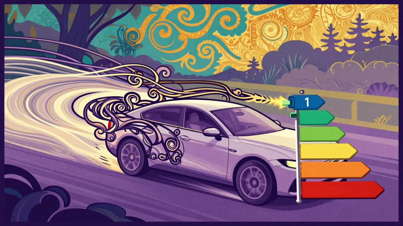 Auto in movimento con linee fluide Art Nouveau che simboleggiano l'ottimizzazione