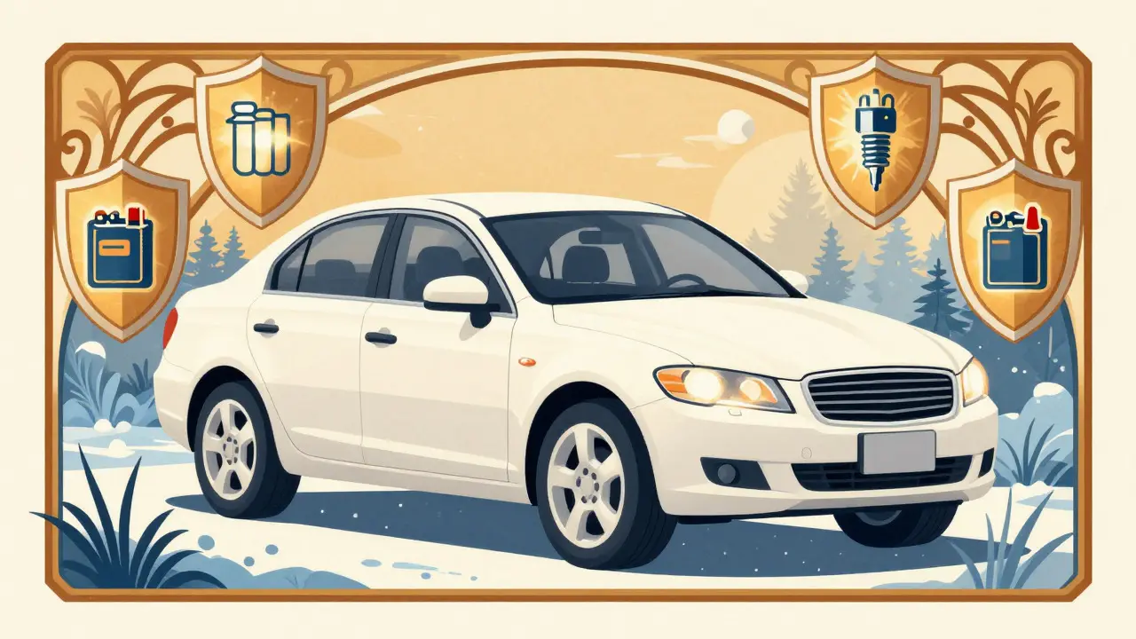 Auto pronta per l'inverno con simboli di manutenzione preventiva