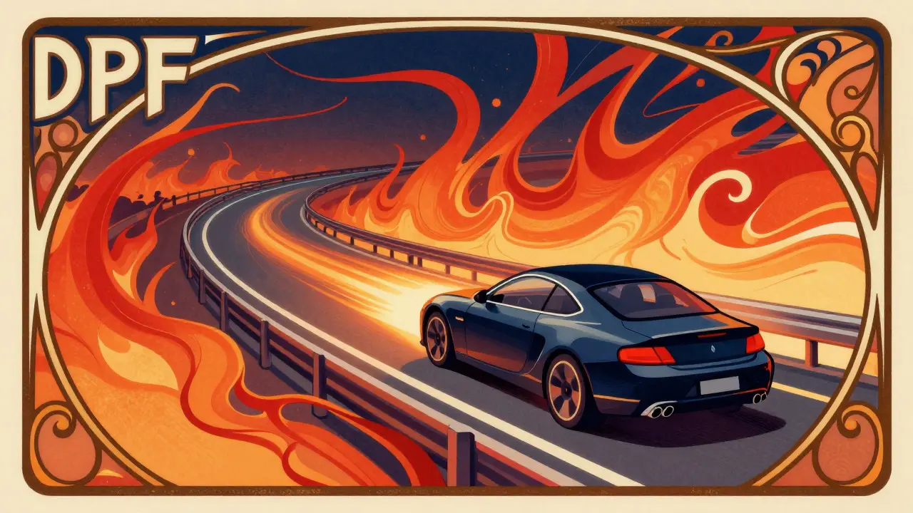 Auto stilizzata su strada con onde di calore, illustrazione Art Nouveau sulla rigenerazione DPF.