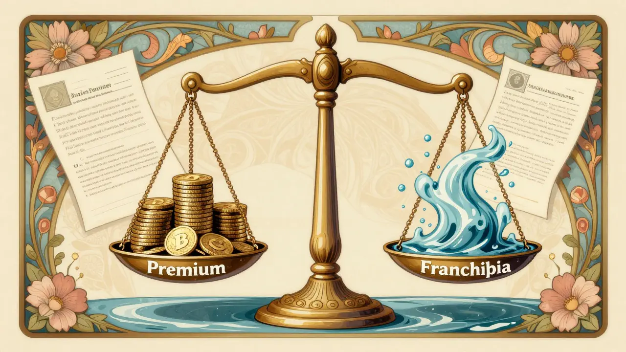 Bilancia simbolica tra premi assicurativi e franchigie in stile illustrativo