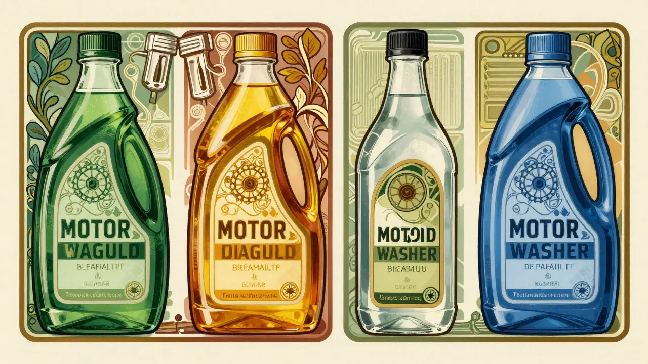 Bottiglie di liquidi auto incorniciate da motivi art nouveau
