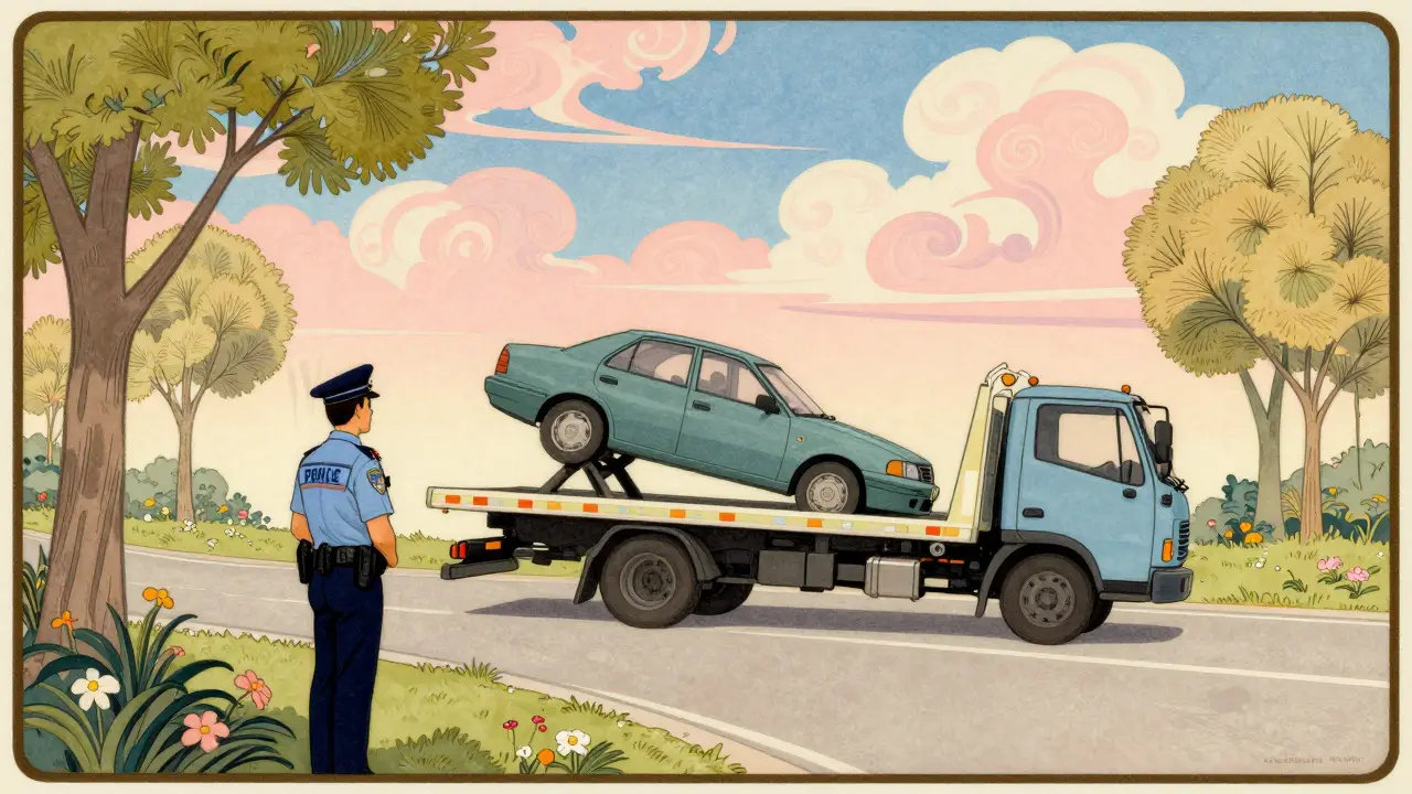 Camionista che trasporta un'auto sospesa su strada sicura