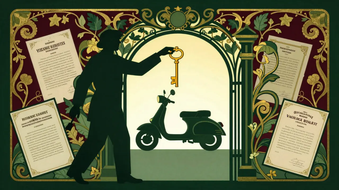 Concetto di risparmio assicurativo per veicoli storici con chiave dorata e scooter