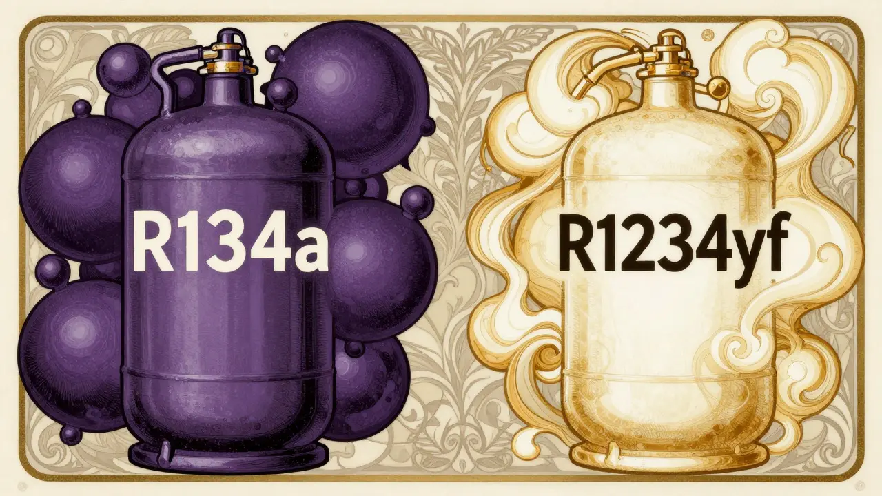 Confronto artistico tra i gas R134a e R1234yf con motivi decorativi floreali