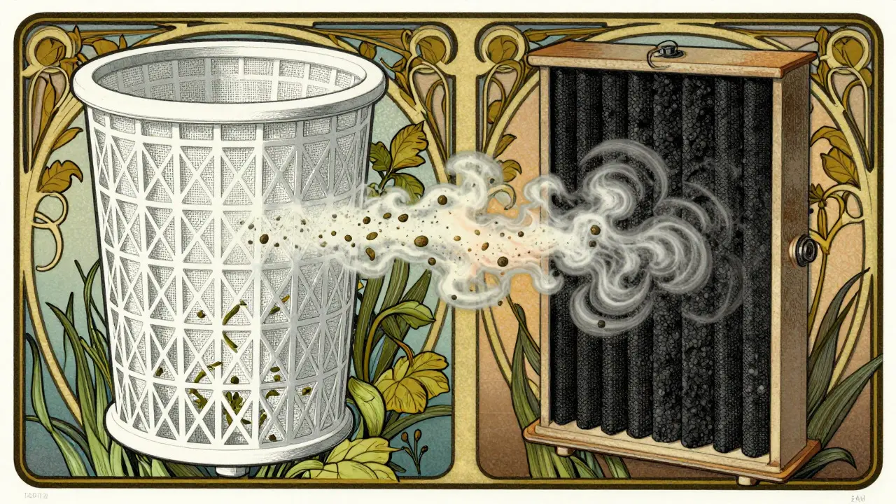 Confronto illustrato tra filtro antipolline standard e filtro ai carboni attivi in stile Art Nouveau
