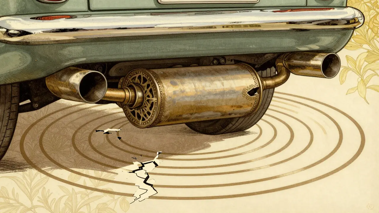 Dettaglio tecnico dello scarico auto con onde sonore stilizzate