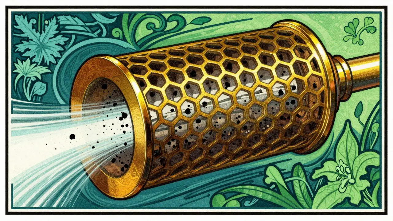 Disegno decorativo Art Nouveau di un filtro antiparticolato DPF che intrappola la fuliggine.