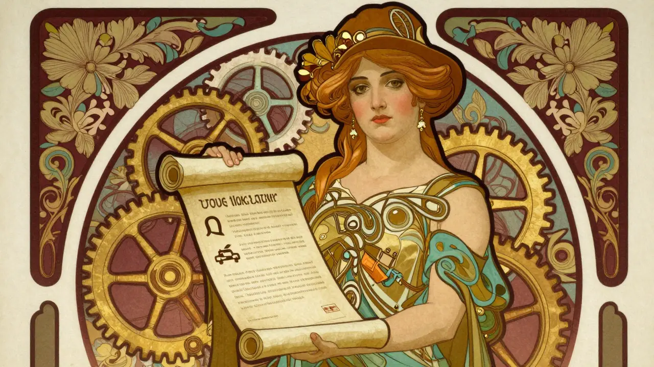 Figura allegorica della legge che tiene documenti assicurativi in stile Art Nouveau