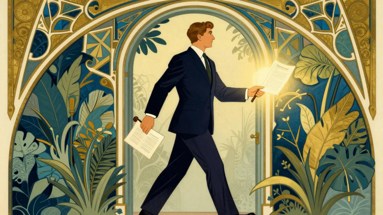 Lawyer holding a glowing document passing through a floral archway