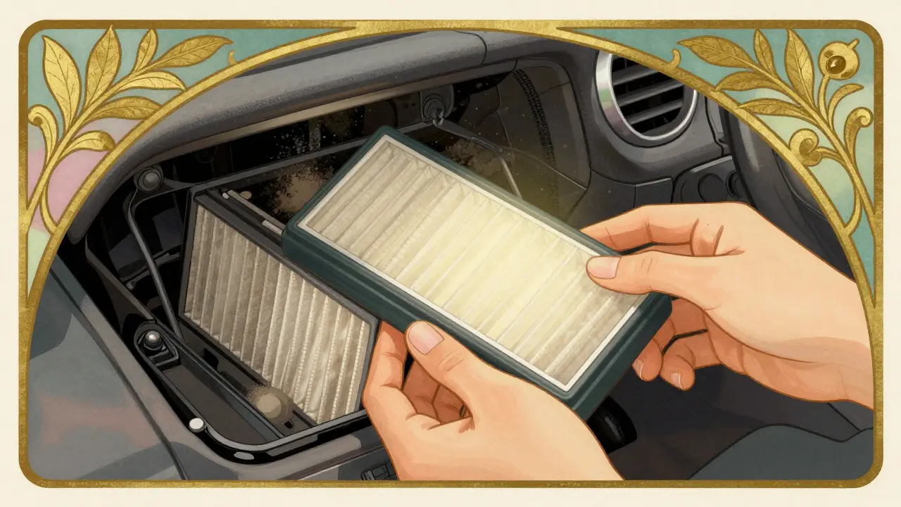 Mani che sostituiscono un filtro abitacolo in stile illustrativo Art Nouveau