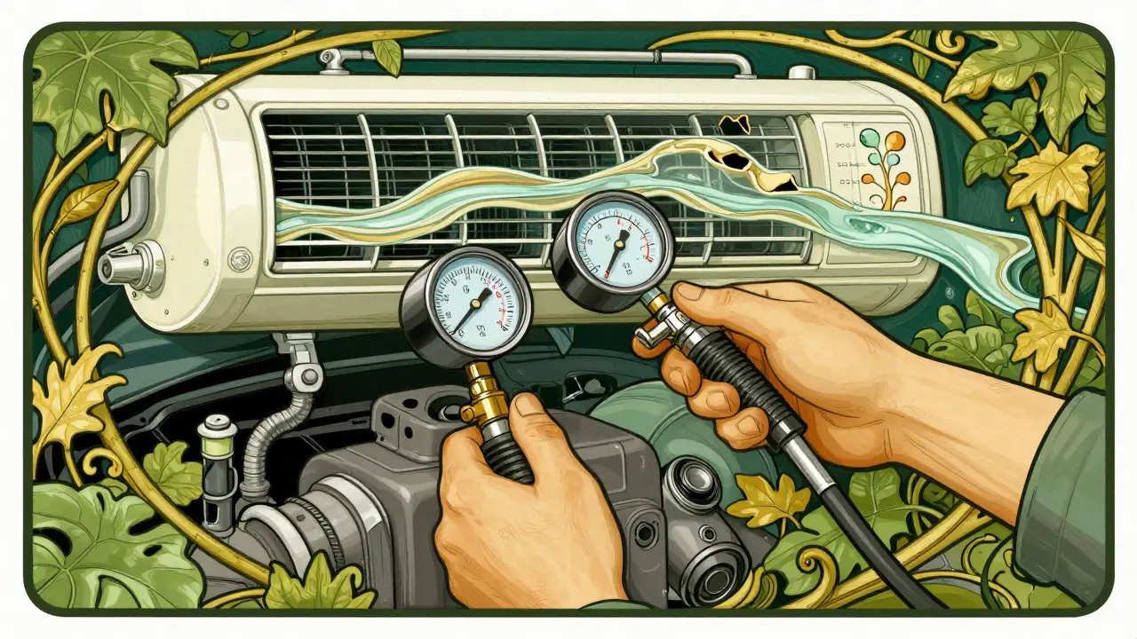 Mani del meccanico che riparano il climatizzatore in stile Art Nouveau