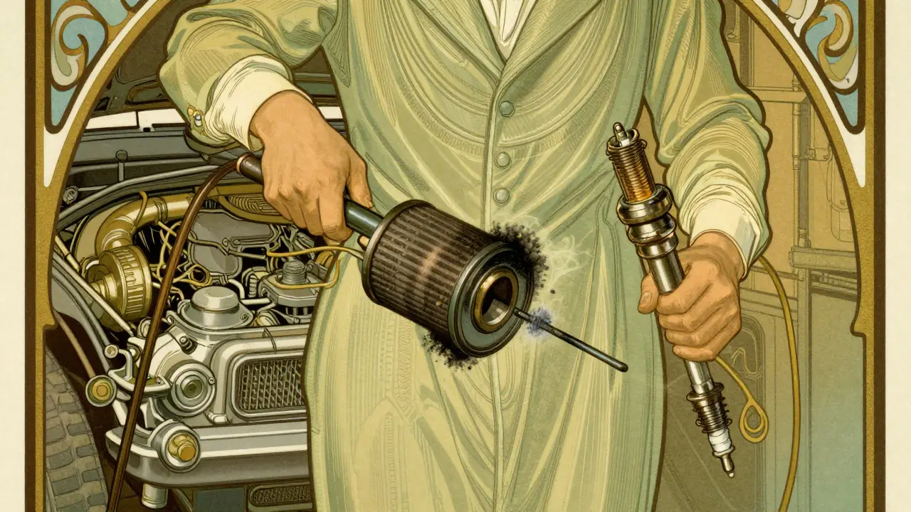 Meccanico che illustra la manutenzione di DPF e candele in stile illustrativo