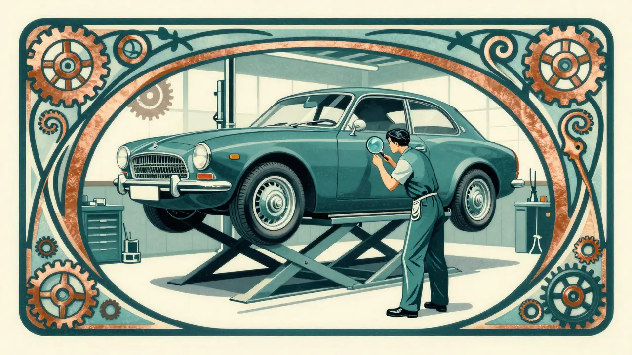 Meccanico che ripara i freni di un'auto sospesa in officina