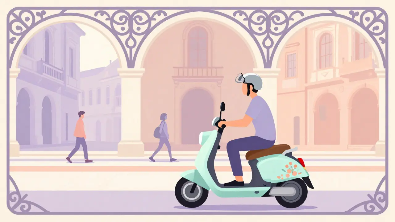 Monopattino elettrico in piazza storica stile illustrazione Art Nouveau