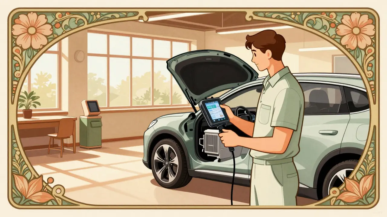 Officina moderna in stile Art Nouveau con un tecnico certificato accanto a un'auto