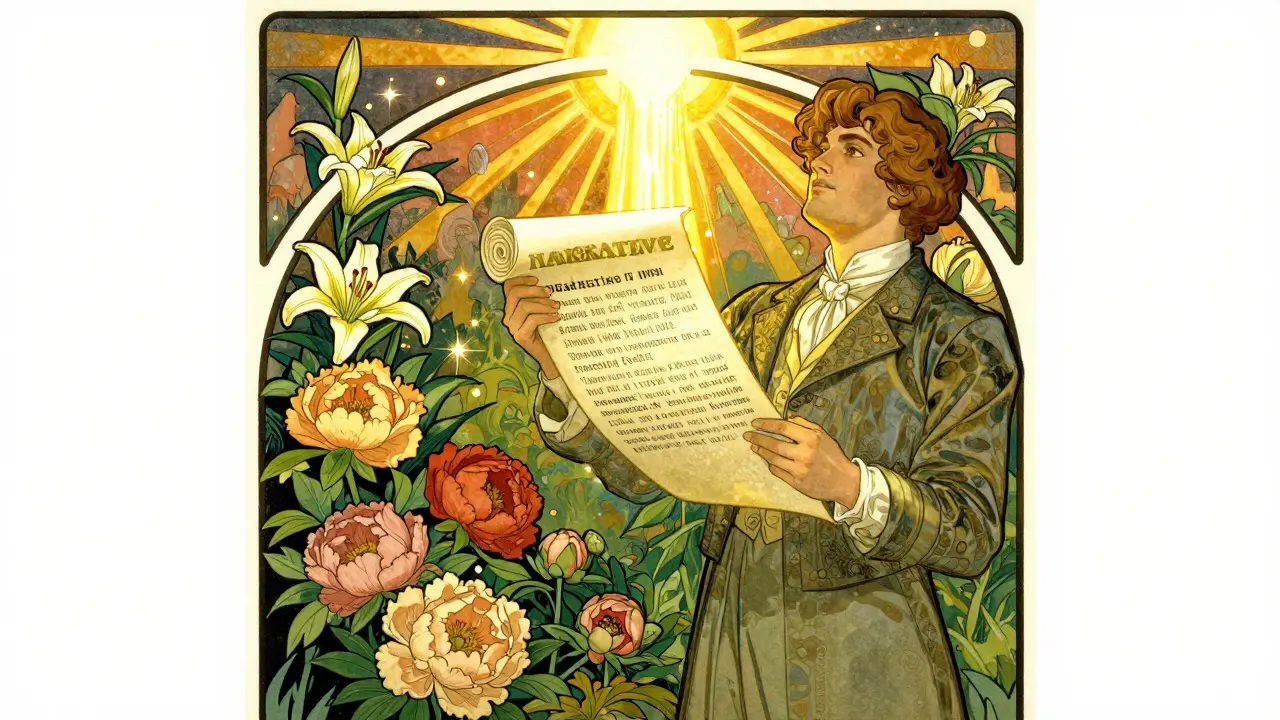 Persona che srotola documenti luminosi tra fiori stilizzati