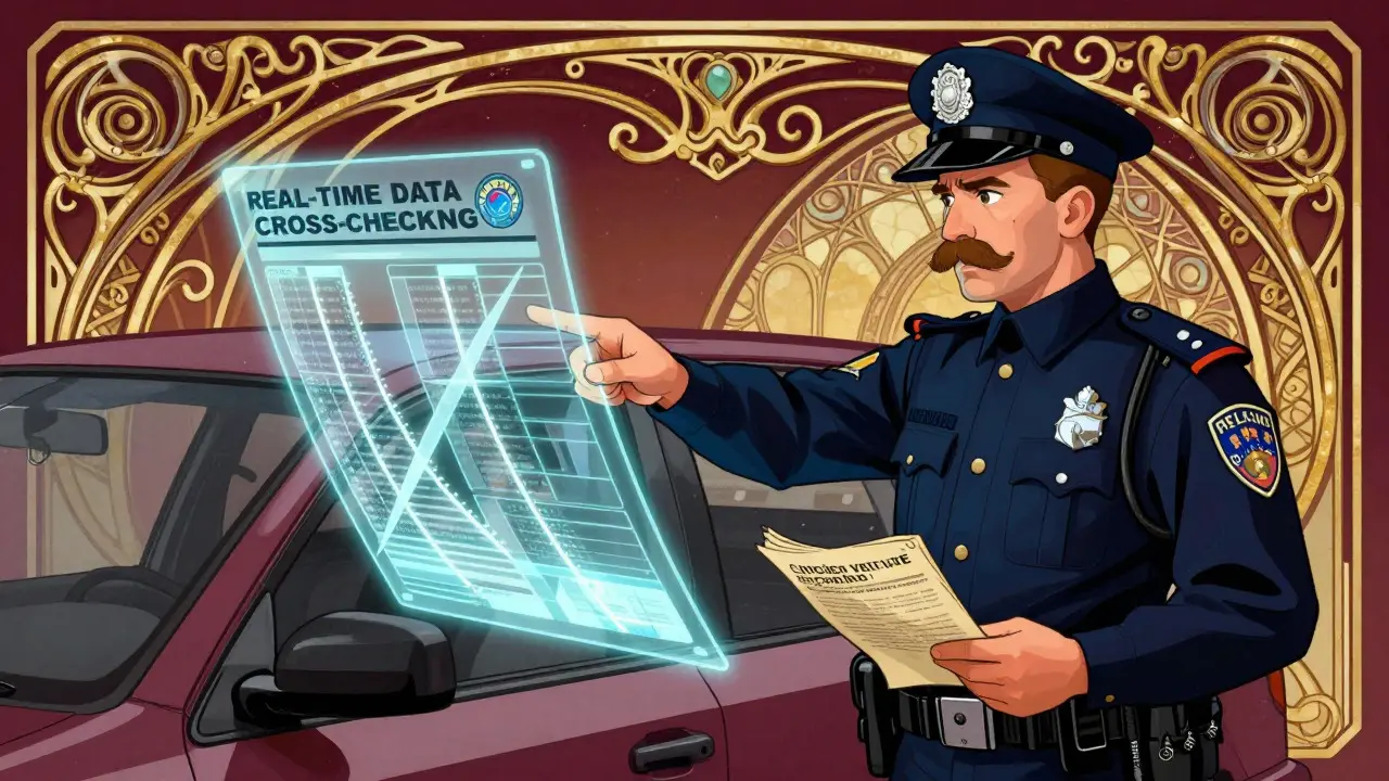 Poliziotto controlla i dati del veicolo mentre flussi digitali si intrecciano attorno all'auto.