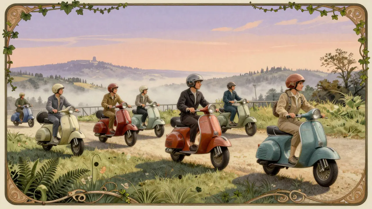 Raduno di scooter storici su un'altura panoramica in stile illustrazione Art Nouveau