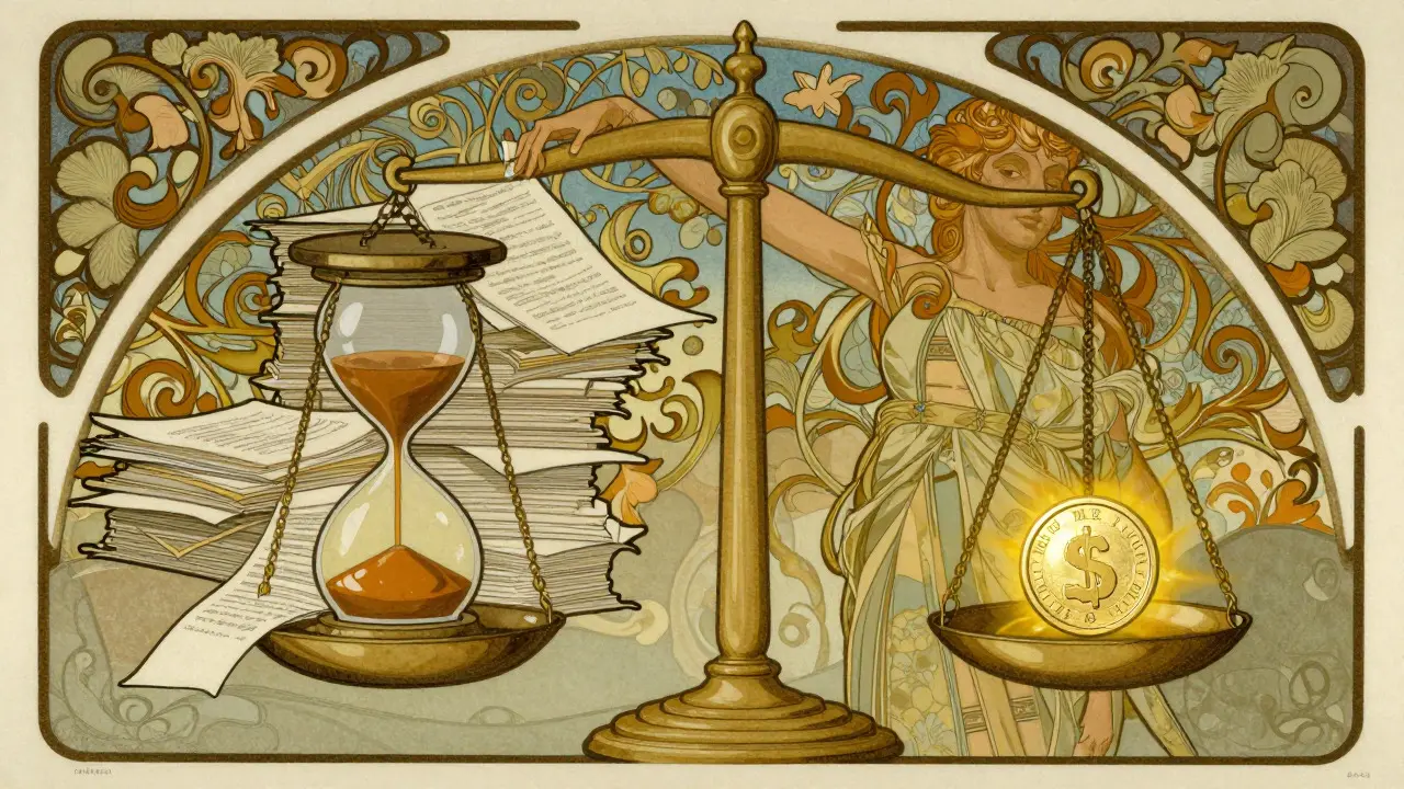 Scale of justice weighing hourglasses against a coin in Art Nouveau style