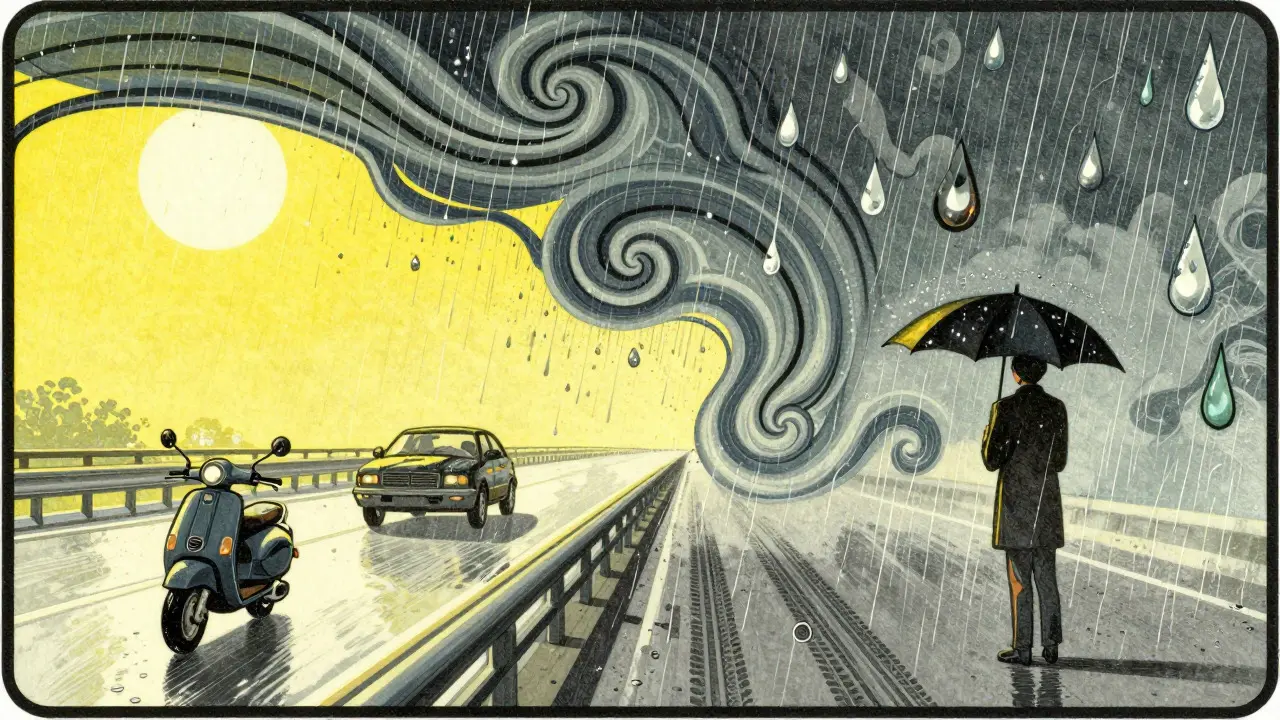 Scena Art Nouveau che mostra pioggia e riduzione limiti di velocità