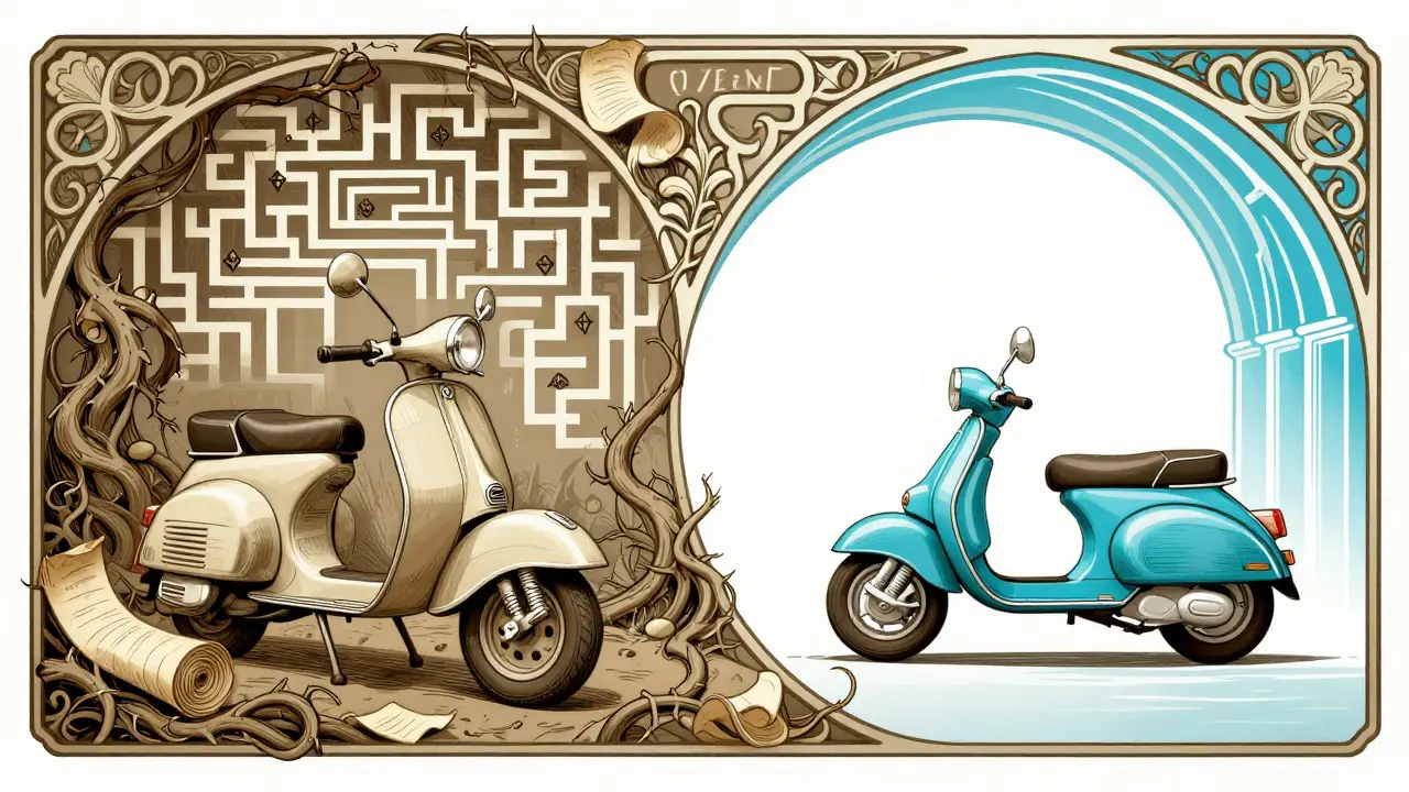 Scooter vintage in labirinto burocratico vs moderno veloce