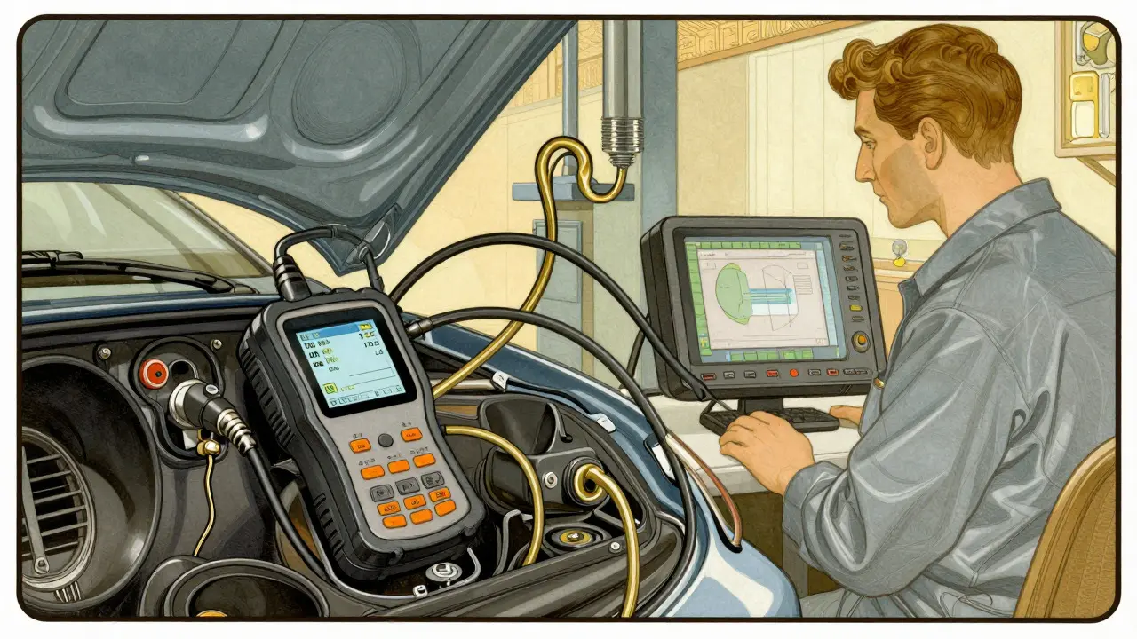 Stile Art Nouveau: tecnico che usa uno strumento diagnostico OBD su un'auto