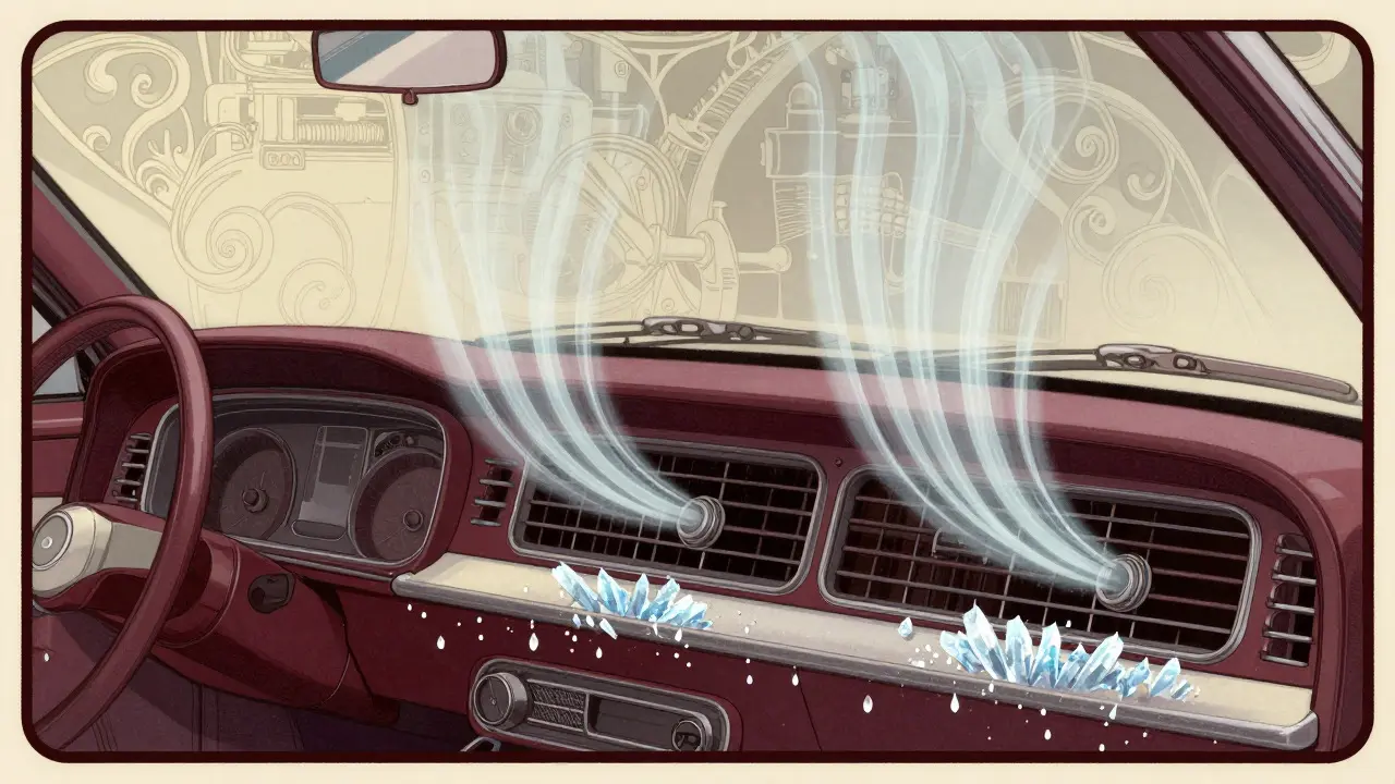 Uscita d'aria calda dal cruscotto dell'auto illustrata in stile Art Nouveau