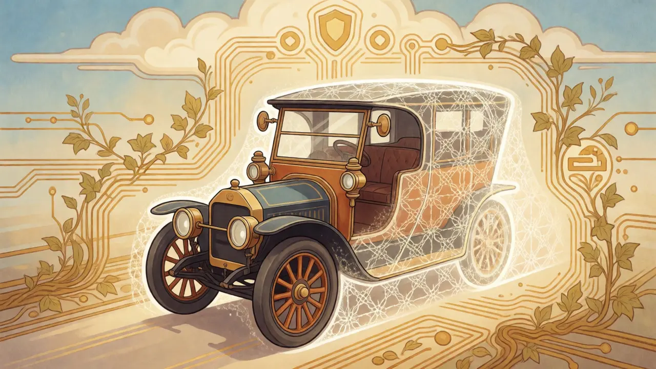 Auto futuristica avvolta da una rete protettiva dorata e motivi organici in stile Liberty.