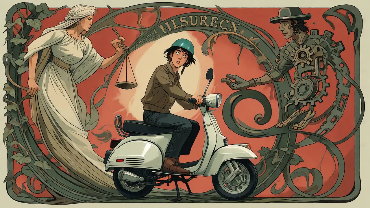 Ciclista accanto a scooter circondato da figure stilizzate di assicurazione e manutenzione