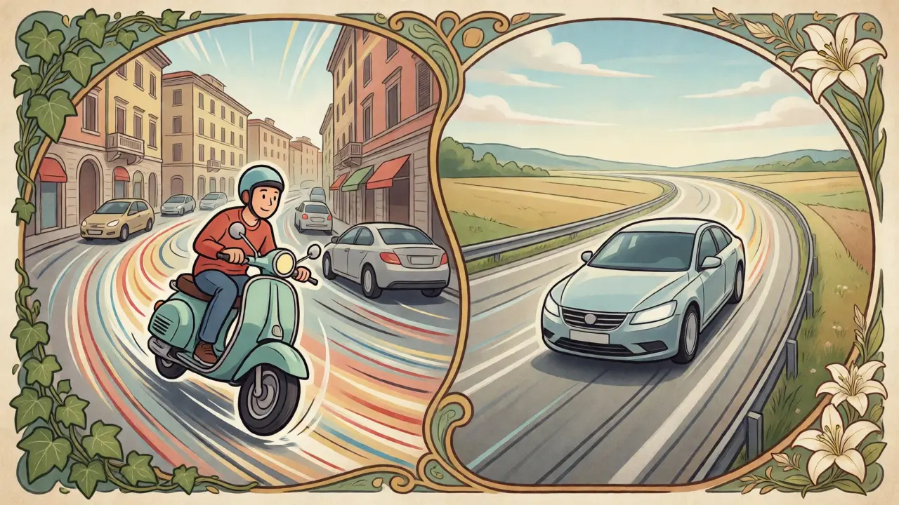 Confronto illustrato tra guida urbana su scooter e autostradale per usura freni