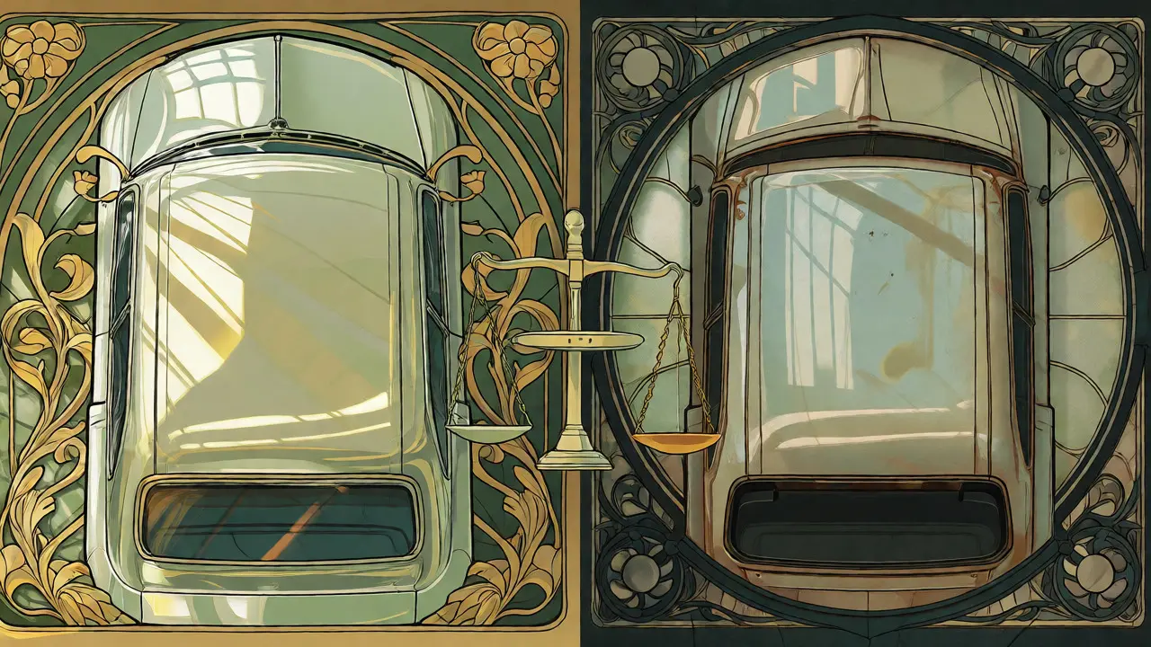 Confronto visivo tra tetto originale lucido e riverniciato con elementi decorativi Art Nouveau.