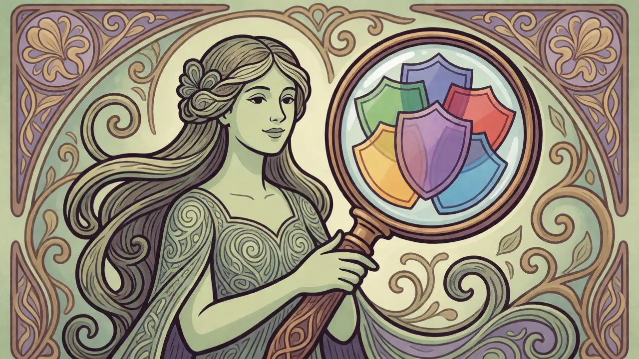 Figura femminile stilizzata che tiene una lente d'ingrandimento su scudi assicurativi decorati.