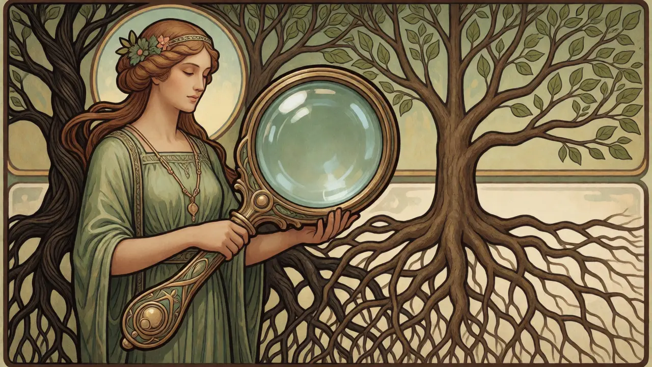 Guardiano con lente d'ingrandimento esamina radici digitali sane e contorte in stile Art Nouveau.