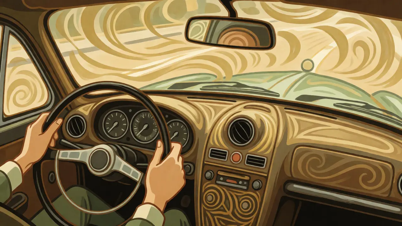 Interno auto stilizzato con vibrazioni visibili sul volante in stile Liberty