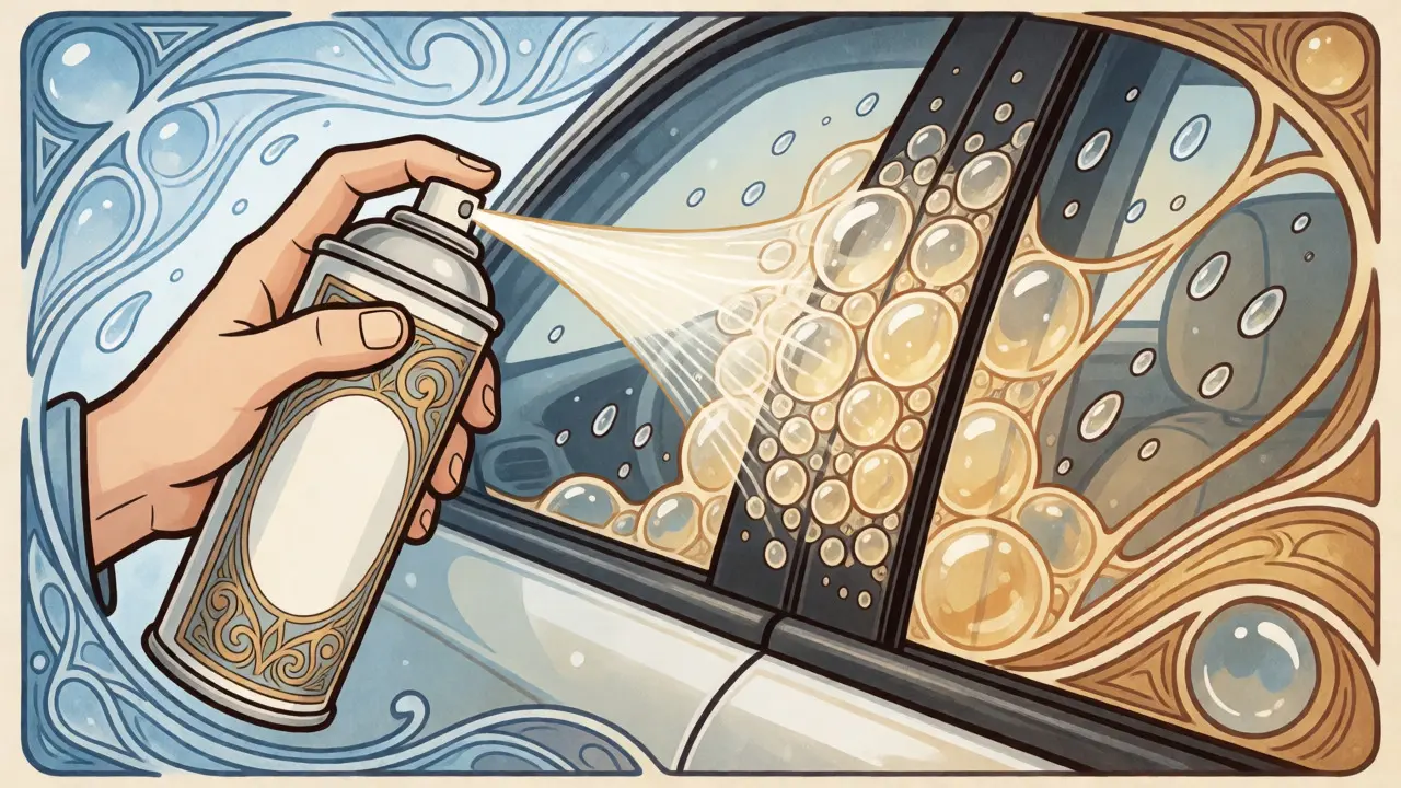 Mano che applica spray al silicone sulle guarnizioni auto in stile decorativo
