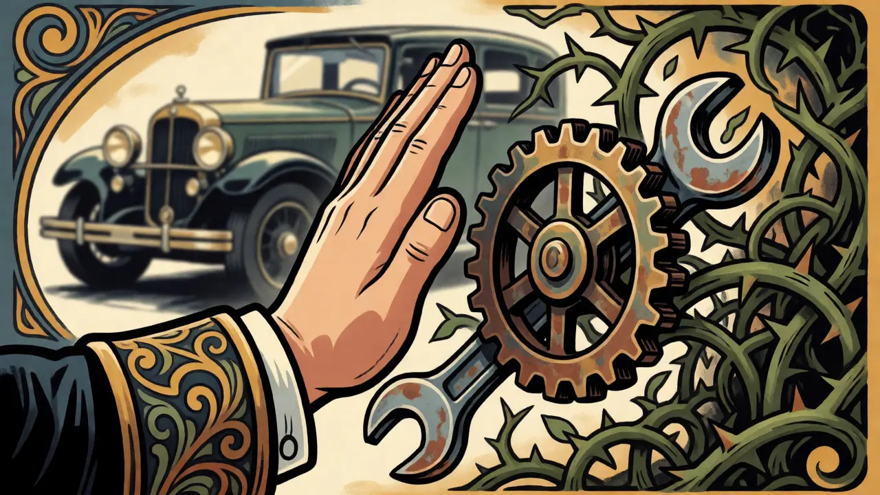 Mano che rifiuta ingranaggi non autorizzati in illustrazione decorativa