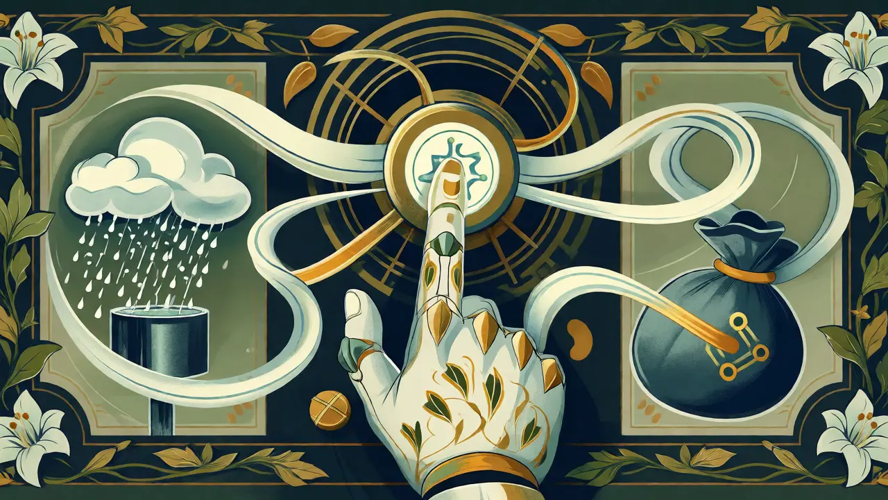 Mano meccanica decorata in stile Liberty attiva un meccanismo automatico tra nuvole e monete, rappresentando gli smart contract.