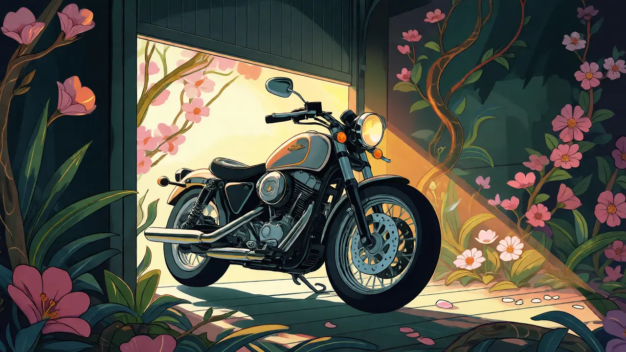 Moto che esce dal garage verso la luce del sole tra fiori stilizzati