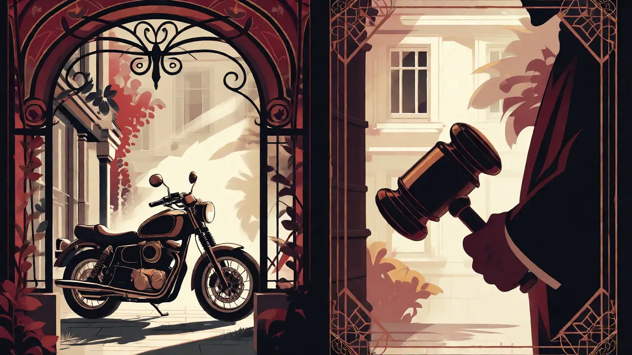 Moto parcheggiata in cortile con elementi decorativi e ombra di controllo legale