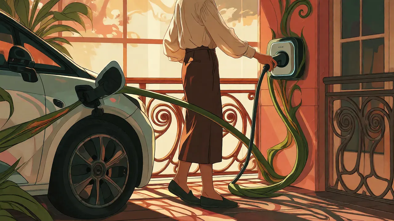 Persona che ricarica un'auto elettrica con cavo a forma di vite ornamentale