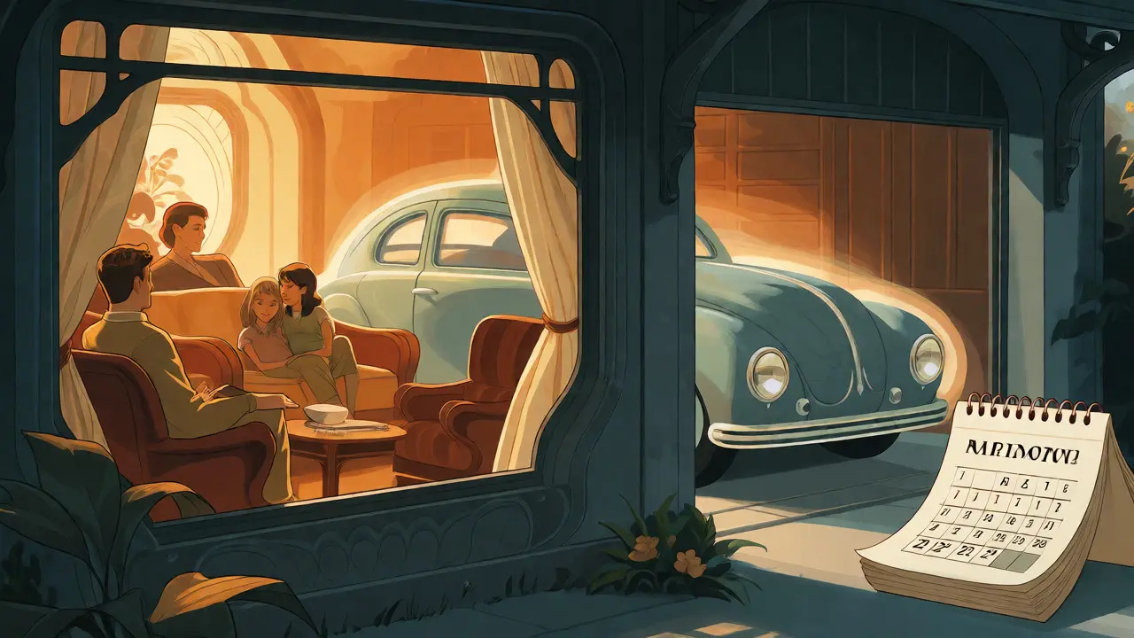 Scena domestica serena che illustra i vantaggi della sospensione della polizza auto nei mesi di inutilizzo.